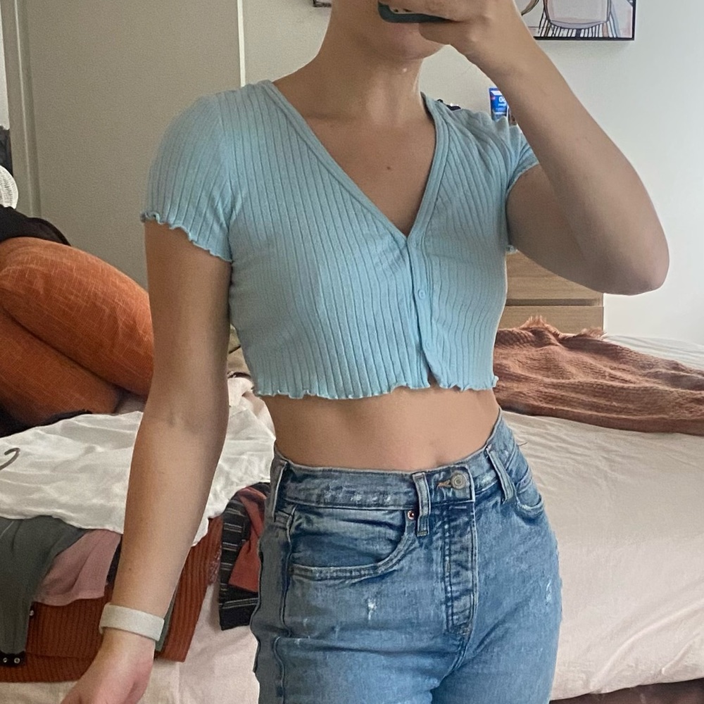 Cropped blue button up top